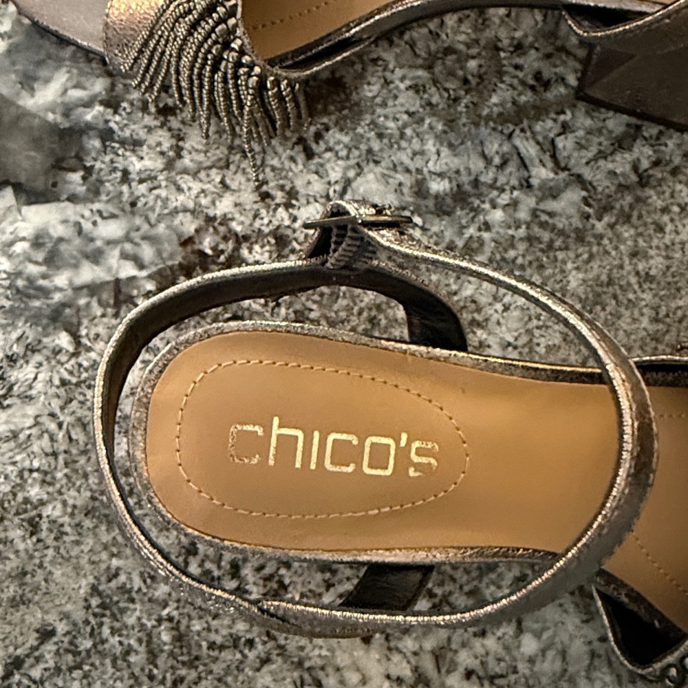 Chico’s pewter beaded strappy heel sandals size 6 old money NEW $159 - Picture 6 of 11